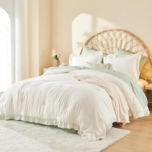 Litanika Full Comforter Set Ivory, 3 Pieces Beige Ruffle Farmhouse Aesthetic Bedding Comforter Set, Lightweight Fluffy Microfiber Bed Set (79x90In Comforter, 2 Pillowcases) thumbnail 3