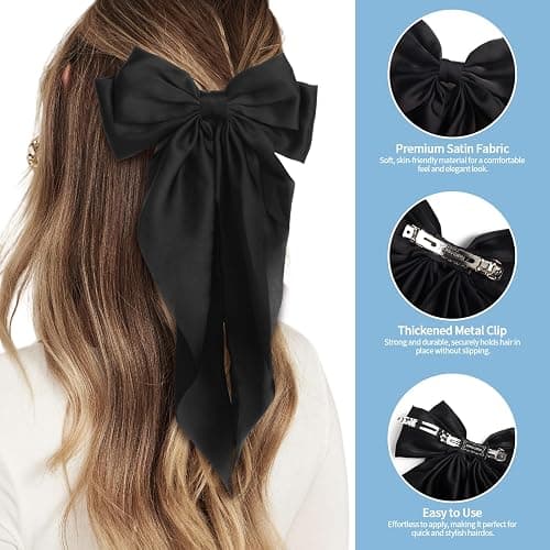 MIKONIKO Silky Satin Hair Bows for Women Girls - 4PCS Ribbon Bows for Hair, Big Bow Hair Clips with Long Tail, Barrettes - Cute Hair Accessories Gifts (Black, Navy, Butterfly, White) - Black, Navy, Butterfly, White thumbnail 5