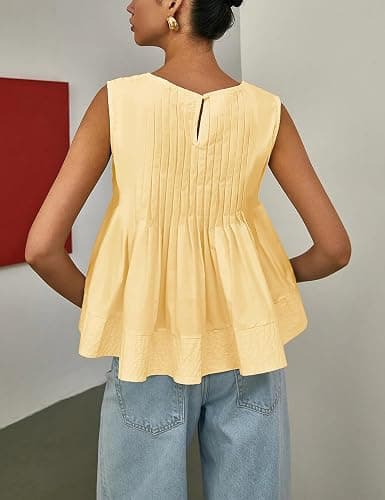 Megfie Womens Summer Pleated Peplum Sleeveless Blouse Tank Tops Round Neck Y2K Babydoll Blouse Shirt thumbnail 3