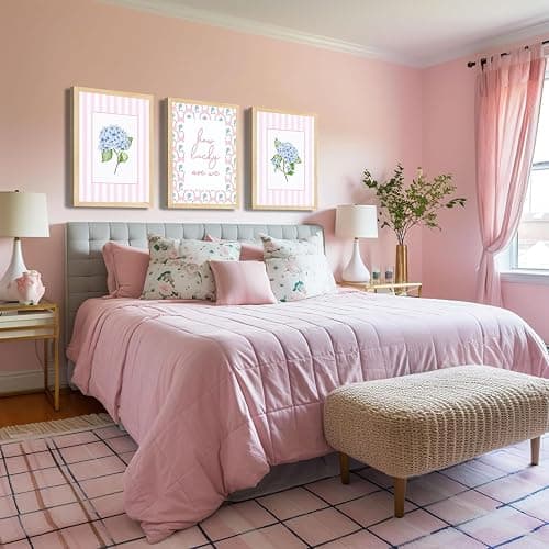 3Pcs Unframed Pink And Blue Hydrangea Wall Art Trendy Preppy Coquette Canvas Posters Prints How Lucky Are We Pictures Wall Decor for Girly Room Bedroom College Apartment Home Decorations(16L"x12W"Poster) thumbnail 4