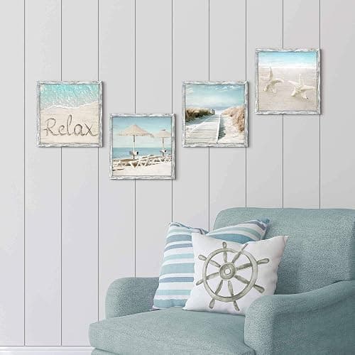 Ocean Framed Wood Wall Art: Beach Picture Seascape Artwork Coastal Prints Starfish Boardwalk Art Collection Wall Decor Set of 4 for Bathroom thumbnail 4