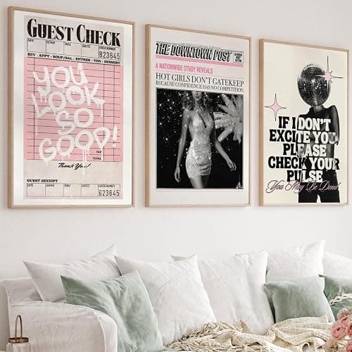 Vintage Pink Canvas Wall Art Set of 3 Funky Hot Girl Pictures You Look So Good Poster Preppy Trendy Paintings Home Wall Decor Aesthetic Disco Ball Bar Cart Prints for Apartment Dorm (12x16in) Unframed thumbnail 4