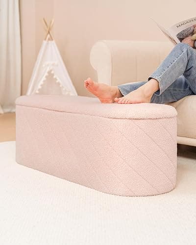 ZOLANOful Storage Ottoman Bench with Tray, 43.3 Inches Oval Ottoman with Storage, Folding Teddy Boucle Foot Rest Stool for Bedroom, Living Room, Entryway, Pink thumbnail 2