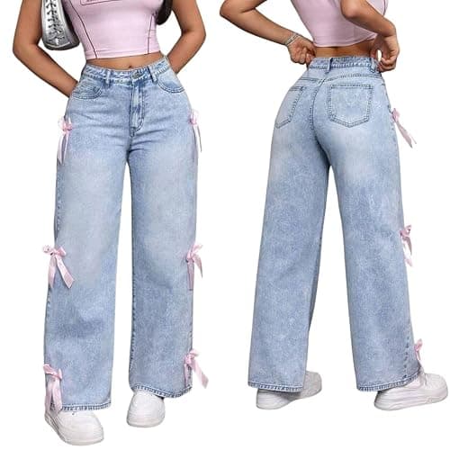 Chmnigma Baggy Jeans for Woman Teen Girls Bow Jeans High Waisted Straight Leg Cute Pants Casual Preppy Clothes - Image 1