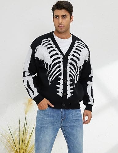 Arssm Men Skeleton Cardigan Sweater Oversized Fall Graphic Long Sleeve Knit Y2K Button Down V Neck Sweater Outwear thumbnail 2
