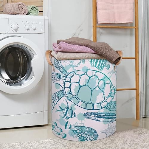 Large Laundry Hamper Basket Ocean Theme Round Freestanding Clothes Basket, Sea Turtle Collapsible Storage Organizer Bin with Leather Handles for Dirty Clothes Toys, Nursery Home Storage 16"W x 20"H thumbnail 7