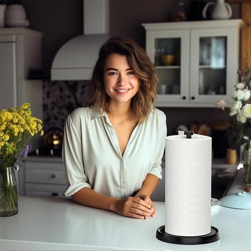 Paper Towel Holder Countertop, One-Handed Tear, Stainless Steel, Weighted Base, Black, Paper Towel Roll Holder Stand with Ratchet Mechanism for Kitchen Bathroom Farmhouse Essentials Decor Accessories thumbnail 2