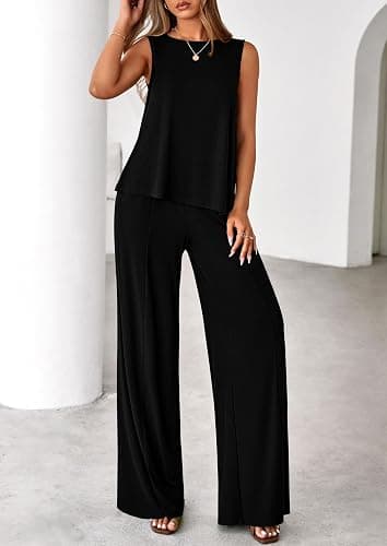 PRETTYGARDEN Women's 2026 Two Piece Matching Lounge Sets Asymmetrical Split Tank Tops Wide Leg Pants Summer Outfits Tracksuit thumbnail 8