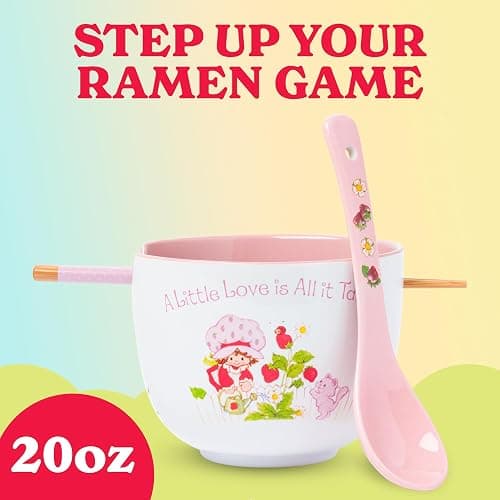 Silver Buffalo Strawberry Shortcake and Custard “A Little Love is All it Takes” Ceramic Ramen Bowl with Chopsticks and Spoon, 20 Ounces thumbnail 3