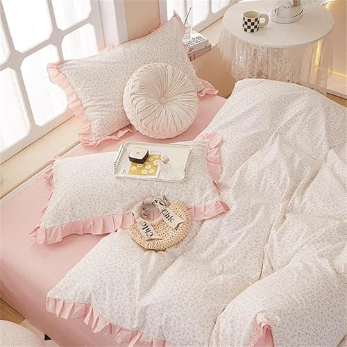 MKXI Full Size Small Floral Ruffle Comforter Set - 3 Piece Countryside Floral Comforter with Pillow Shams, Reversible White Pink Princess Bedroom Collection, Soft Aesthetic Bedding Set for Teen Girls thumbnail 3