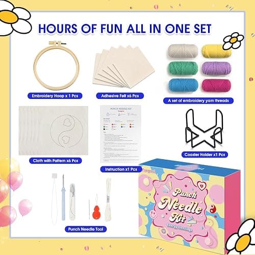 yuegool 6PCS Energy Punch Needle Coasters Kit - DIY Embroidery Set for Adult Beginners, Art Craft Supplies with Patterns, Functional Tools, Yarn, Hoop, and Coaster Holder thumbnail 2