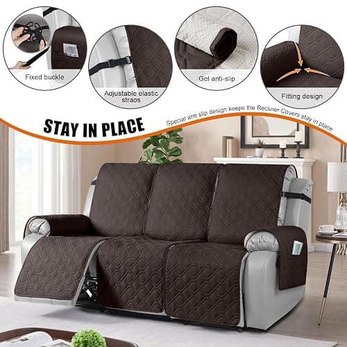 VANSOFY Waterproof Recliner Couch Covers, Sofa Covers 1-Piece Washable Reclining Sofa Cover Non-Slip Furniture Protector with Elastic Straps Pocket for Dogs, Pets(Chocolate,3 Seater) thumbnail 3