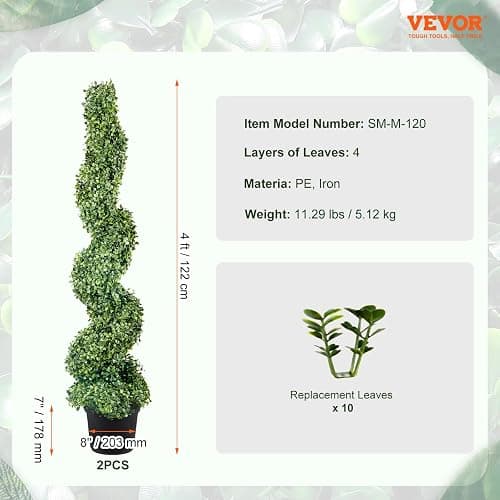VEVOR Artificial Boxwood Spiral Topiary Trees, 4ft Tall (2 Pieces) Faux Plant Outdoor, All-Year Green Fake Plant with Replaceable Leaves for Decorative/Indoor/Porch/Garden thumbnail 8