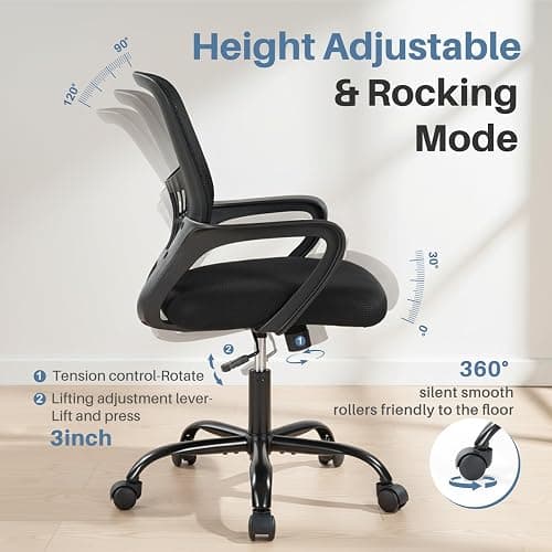 DUMOS Home Office Computer Chair - Ergonomic Mid Back Desk with Lumbar Support and Rocking Mode, Height Adjustable with Fixed Armrest, for Conference Meeting Room, 360° Swivel, Adults, Black thumbnail 8