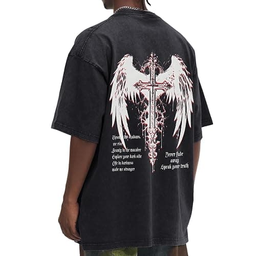 Lytiarul Vintage Goth Punk Shirts for Men Grunge Streetwear Oversized Tshirts Gothic Cross Y2k Graphic Tees Acid Wash T Shirt thumbnail 4
