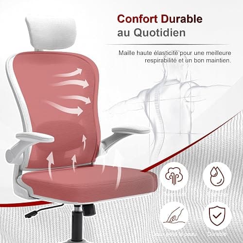 WXJHL Chaise de Bureau Ergonomique avec Soutien Lombaire Réglable, Fauteuil de Bureau avec Appui-Tête et Accoudoirs Relevables, Chaise Informatique pour Télétravail et Étude, Blanc thumbnail 4