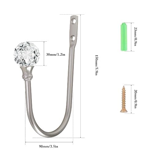 Curtain Holdback, 2pcs Wall Mounted Drapery Tiebacks with Clear Crystal Ball, Heavy Duty Metal Decorative Window Drapery Curtain Holder Curtain Hooks with Screws, Sliver thumbnail 3
