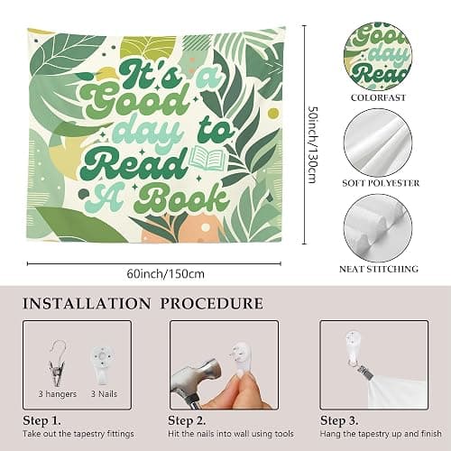 MNASAIOO It's A Good Day to Read A Book Classroom Wall Tapestry Hanging,Green Plants Leaf Reading Banner Tapestries,Boho Wall Decor for Kids Book Lovers School Library Reading Nook Corner Dorm 50x60in thumbnail 7