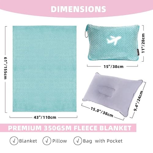 Nenolix 3 in 1 Travel Blanket Pillow Set - 350 GSM Thick Travel Blanket Airplane Compact with Bag, Soft Bag with a Pocket, Inflatable Travel Pillow for Camping & Car Trip(Mint Green) thumbnail 2