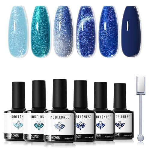 modelones Cat Eye Gel Nail Polish Set Glitter 6Colors Blue - Image 1