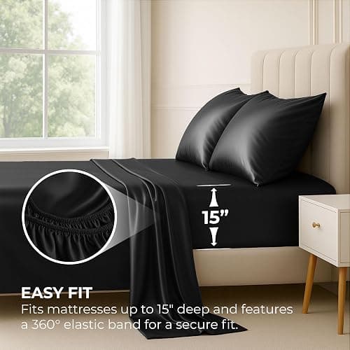 Pure Bedding Satin Sheets Queen [4-Piece, Black] Hotel Luxury Silky Bed Sheets - Extra Soft 1800 Microfiber Sheet Set, Wrinkle, Fade, Deep Pocket Fitted Sheet, Flat Sheet, Pillow Cases thumbnail 3