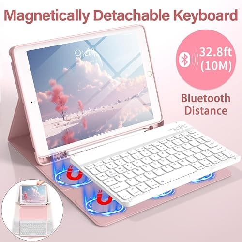 BQDIYOO Keyboard Case for iPad 9th/8th/7th Generation(2021/2020/2019), 10.2 inch iPad 9/8/7 Case with Keyboard, Auto Wake Sleep Cover with Pencil Holder, Pink thumbnail 4