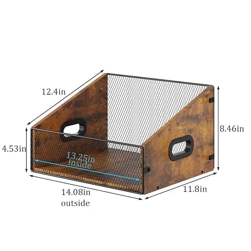 Yuzehuaza Vinyl Record Storage Holder, Trapezoidal LP Vinyl Record Crate with Handle, Wood & Metal Album Storage Desktop Organizer Box for Books Files, Rustic Brown thumbnail 3