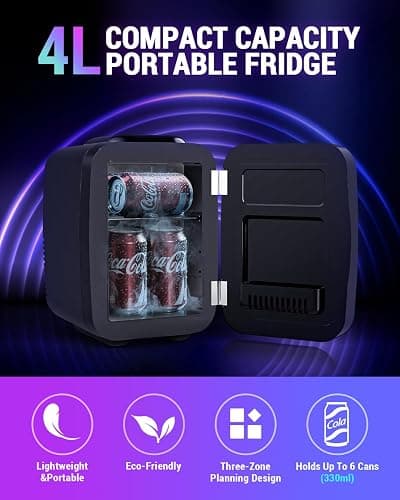 FANSEXPERT Mini Fridge, 4 Liter/6 Cans Small Refrigerator With Dimmable LED Light,AC/DC Portable Mini Cooler and Warmer, Gaming Small Fridge for Bedroom,Office,Gaming Room and Car (Black) thumbnail 2