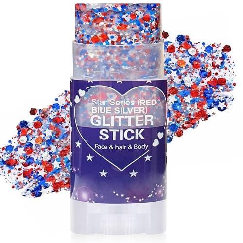 Paminify Red White Blue Hair Glitter Stick,Memorial Day Patriotic 250th America Face Body Glitter,4th of July Accessories,Fourth of July Outfits for Women, Waterproof Glitter Makeup for Football Game - Image 1