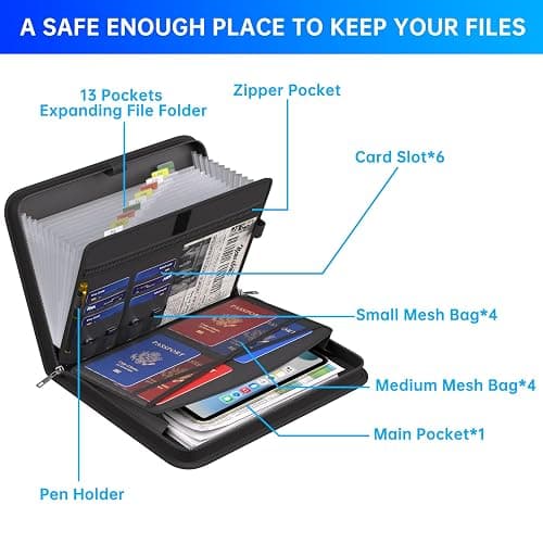 ENGPOW Accordion File Organizer, Fireproof Expanding File Folder with 13 Pockets Document Organizer with Handle & Labels, Portable Home Travel Safe Storage for Letter A4 Files and More, Black thumbnail 6