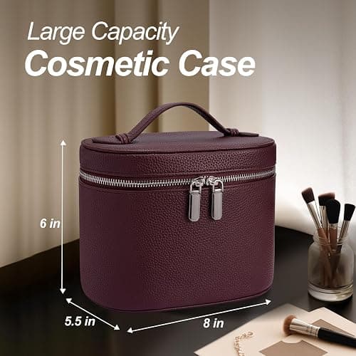idoltimes Cosmetic Case, Leather Makeup Bag, Portable Handheld Makeup Case, Detachable Compartments, burgundy thumbnail 2