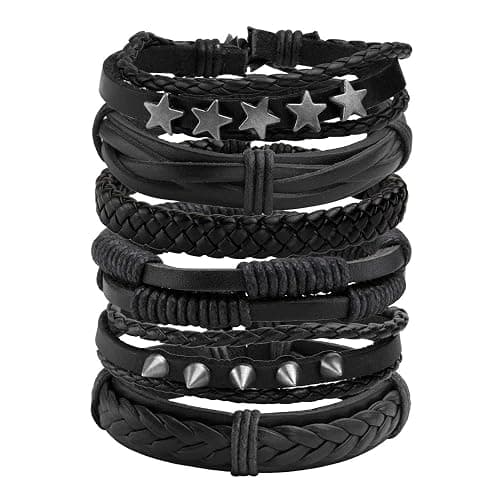 Manfnee 6-12PCS Braided Faux Leather Bracelet Punk Cuff Wrap Bracelets for Men Women Adjustable - Image 1