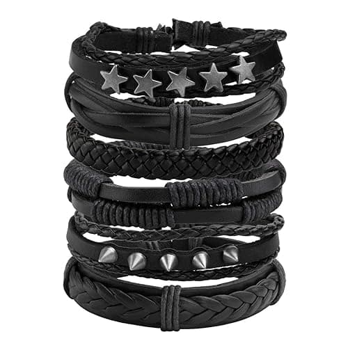Manfnee 6-12PCS Braided Faux Leather Bracelet Punk Cuff Wrap Bracelets for Men Women Adjustable - B:6pcs - Image 1