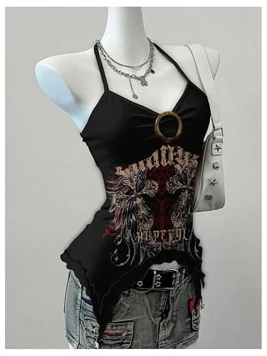 SweatyRocks Women's Gothic Graphic Halter Crop Tops Y2k Sleeveless Shirts Grunge Music Festival Concert Outfit thumbnail 2