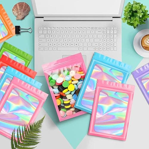 Funfery 100 pcs White Smell Proof Mylar Holographic Bags Packaging Bags,Clear Resealable Odor Proof Bag Foil Pouch Bag for Food Storage,Lipgloss,Jewelry,Eyelash Packing for Small Business(2.4x3.9In) thumbnail 7