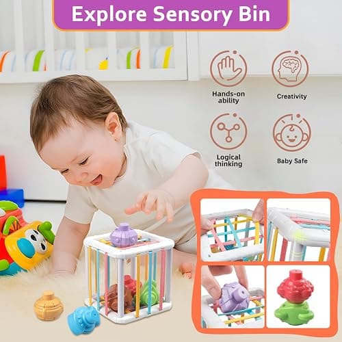 Baby Toys for 6 to 12 Months, Montessori Sensory Bins Toys for Toddlers 1-3, Pull String Teether Infants Bath Toys 6 in 1 Stacking Blocks Rings, Matching Eggs, Suction Cup Spinner Toy thumbnail 3