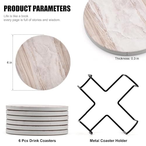 6PCS Coasters for Drinks with Metal Holder, Marble Style Ceramic Drink Coaster, Absorbent Coasters Set Suitable for Kinds of Cups, Wooden Table, Cool Home Decor, 4 Inches thumbnail 3