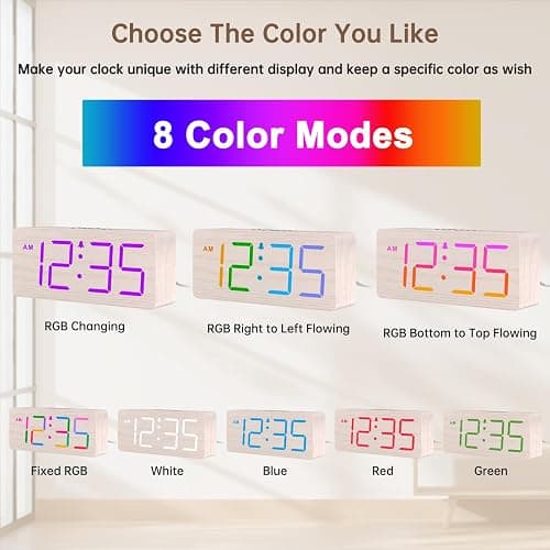 DreamSky Wooden Digital Clock for Bedroom Desk - RGB Loud Alarm Clock for Heavy Sleepers with Volume Control, Large Numbers with Dimmer for Living Room Office, Wood Decor (Plug in Clock) thumbnail 3