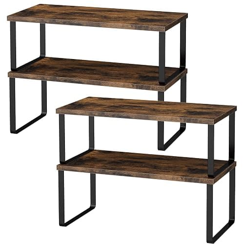 OGEMXU Cabinet Shelf Organizers, 15.7 inches Large Kitchen Counter Shelf, Set of 4 Wood Kitchen Pantry Organizer, Storage Shelves for Countertop, Spice Rack, Stackable, Expandable, Metal Black, Brown - Image 1