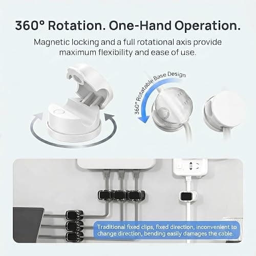 CUULANIX 6 Stück Magnetische 360° Drehbar Kabelhalter Selbstklebend, Wird mit zwei kabelorganizer, Einhand Kabelclips Universal Kabel Organizer für USB Ladekabel HDMI Audiokabel bis 7,5mm(Weiß) thumbnail 4