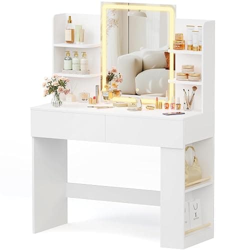 YESHOMY Vanity Desk with Mirror and Lights,35.4" Makeup Vanity with 2 Storgae Drawers, 2 Side Shelves and Open Storage Shelves, 3 Color Modes, for Bedroom, Pure White thumbnail 8