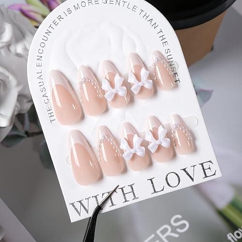 24Pcs White French Tip Almond Medium Fake Nails with Cute Bow Charms Design Nude Pink Acrylic Nails White Pearls Bow Full Cover Glue on Nails Glossy Stick on Nails Heart Artificial Nails for Women thumbnail 2