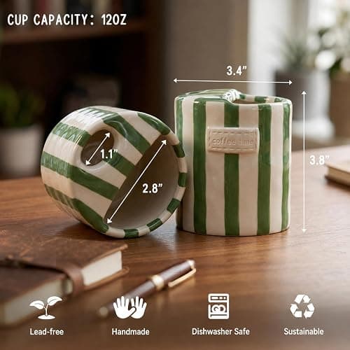 KOIMYSA Ceramic Travel Coffee Mug with Straw Hole 12oz, Espresso Cups | Hand Painted Pottery Coffee Mug, Retro Striped To Go Coffee Mug for Hot & Cold Drinks, Microwave & Dishwasher Safe, Green thumbnail 3