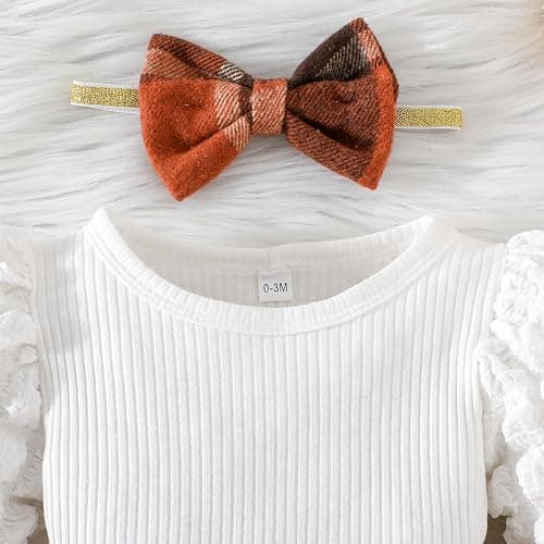 Toddler Baby Girl Plaid Dress Puff Sleeve Bow Patchwork Ribbed Shirts Dress Plaid Fall Winter Outfits with Headband thumbnail 9