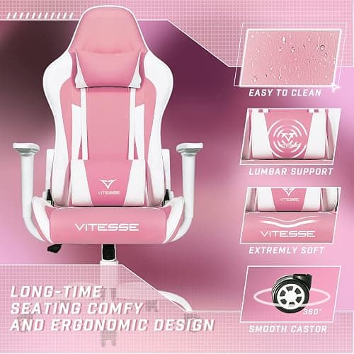 Pink Gaming Chair for Girl, Cute Kawaii Racing Office Desk Chair,Adjustable High Back Swivel Leather Game Chair with Lumbar Support and Headrest thumbnail 6