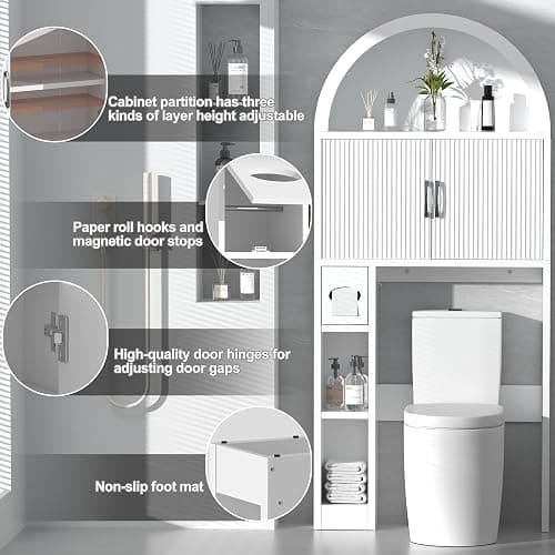 AHB Over The Toilet Storage Cabinet, Freestanding Bathroom Organizer with Adjustable Shelf and Anti-Tip Device, Arched Cabinet with Doors, Space-Saving Toilet Storage for Bathroom, Laundry, Mini Bar - White thumbnail 4