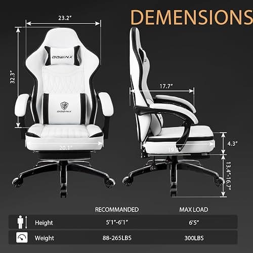 Dowinx Gaming Chair Breathable PU Leather Gamer Chair with Footrest Massage Lumbar Support, Big and Tall Ergonomic Reclining Computer Chair with Pocket Spring Cushion for Adults Teens (Black&White) thumbnail 3