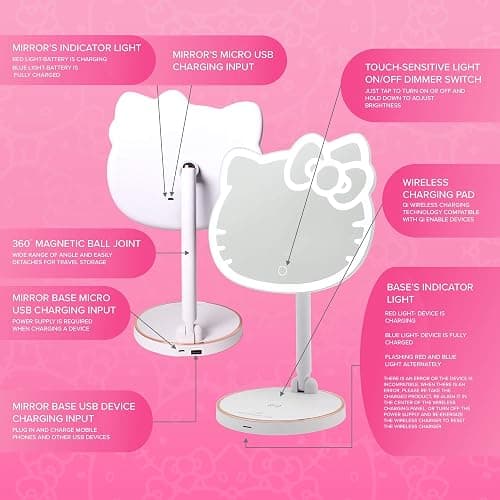 Impressions Vanity Hello Kitty Tabletop Mount LED Rechargeable Makeup Mirror with 360 Degree Rotation, Touch Sensor Desk Mirror with Light Strip and Adjustable Brightness thumbnail 5