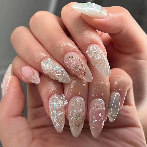 LPOODDNU 3D Handmade Press on Nails with Charms Medium Almond Fake Nails Cute French Nails Press ons Butterfly Flower Bow Stick on Nails Almond Shape Acrylic Nails Pearl Nails for Women Daily Wear - design3