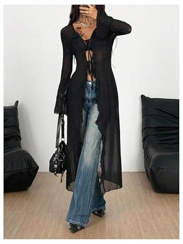 SweatyRocks Women's Sheer Mesh Y2K Tie Front Tops Bell Sleeve See Through Going Out Tops Party Outfits thumbnail 4